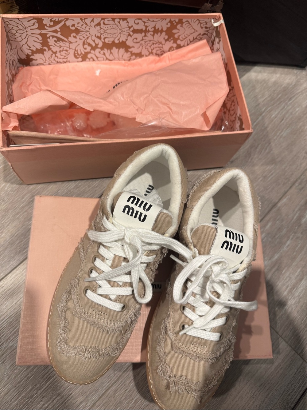 Miu Miu Beige Fringed Canvas Sneakers with White Laces